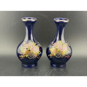 Vintage Kutani Cobalt Blue Porcelain Vase, Pair